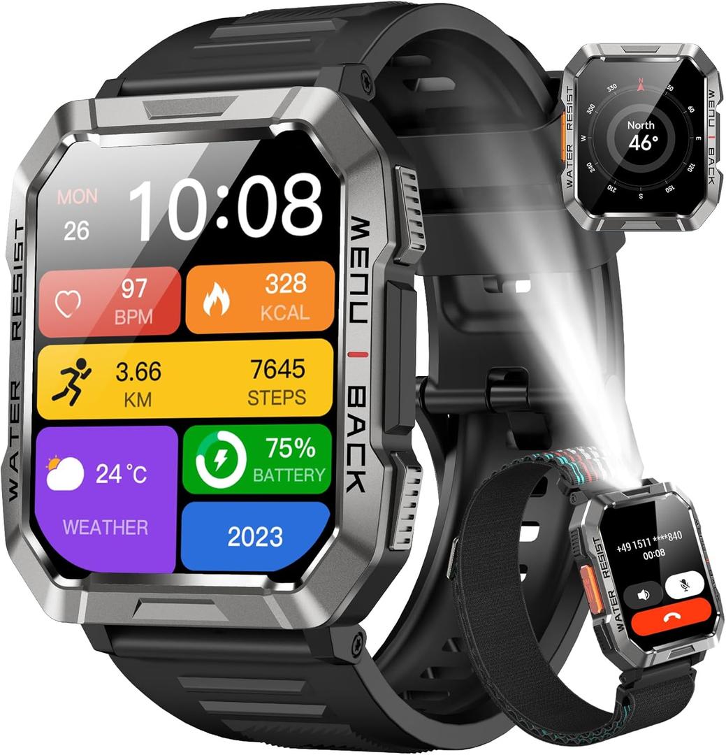 Military Smart Watch for Men(Answer/Make Call), Outdoor Sports Smartwatch with Flashlight/100 Days Battery/Compass/Heart Rate/SpO2/Sleep Monitor/2 Straps, Fitness Tracker for iPhone/Android Phones (W60 Black)