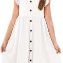 Haloumoning Girls Dress Kids Flutter Sleeve A-Line Button Down Sundress Casual Midi Dresses 5-14 Years (9-10 Years, White)