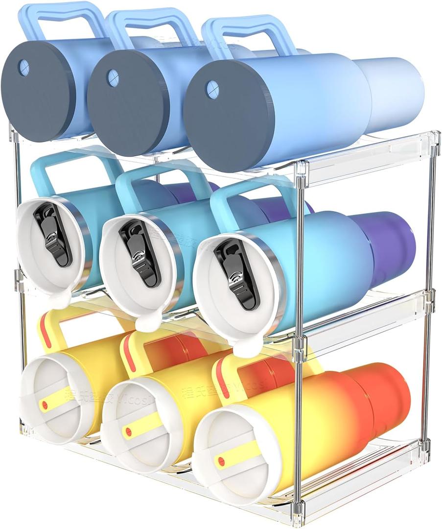 Yieach 3 Tier Stackable Water Bottle Holder for Cabinet and Pantry- Large Compartment Water Bottle Organizer Rack for Bottle and 40 oz Stanley Cup, Yeti and Tumbler Water bottle Organizer Storage (Clear)