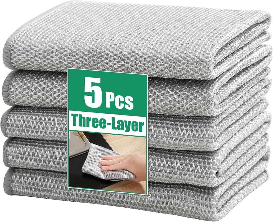 JOYMOOP Multipurpose Non-Scratch Silver Fiber Dishwashing Cloths, Reusable Cleaning Rags, Scrubbing Pads for Dishes, Glass, Stainless Steel - 5 Pack (11.8"  11.8" - 5pcs)