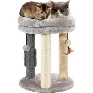 MECOOL 4in1 Small Cat Tree,Scratching Post with Tower Soft Bed, Sisal Carpet Jute Posts with Three Hanging Ball Toys and Massage Brush for Indoor Cats and Kittens (Gray)