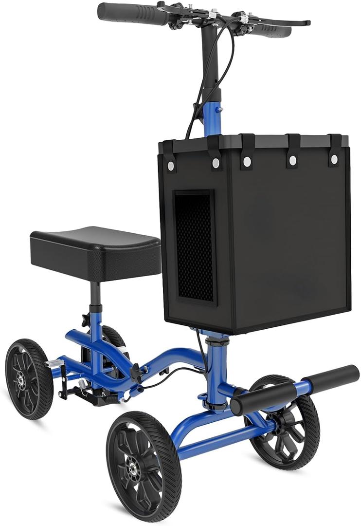 Lightweight Knee Scooter Crutch Alternative, Foldable & Adjustable Knee Scooter for Adults for Foot Surgery, Steerable Knee Walker with Detachable Storage Basket, Includes DIY Stickers-Blue