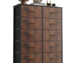 OLIXIS 10 Drawer Tall Dresser with Fabric Bins for Bedroom, Fabric Storage Tower Organizer for Closet Living Room Hallway, Double Chest of Drawers with Steel Frame Wood Top, Black-Brown