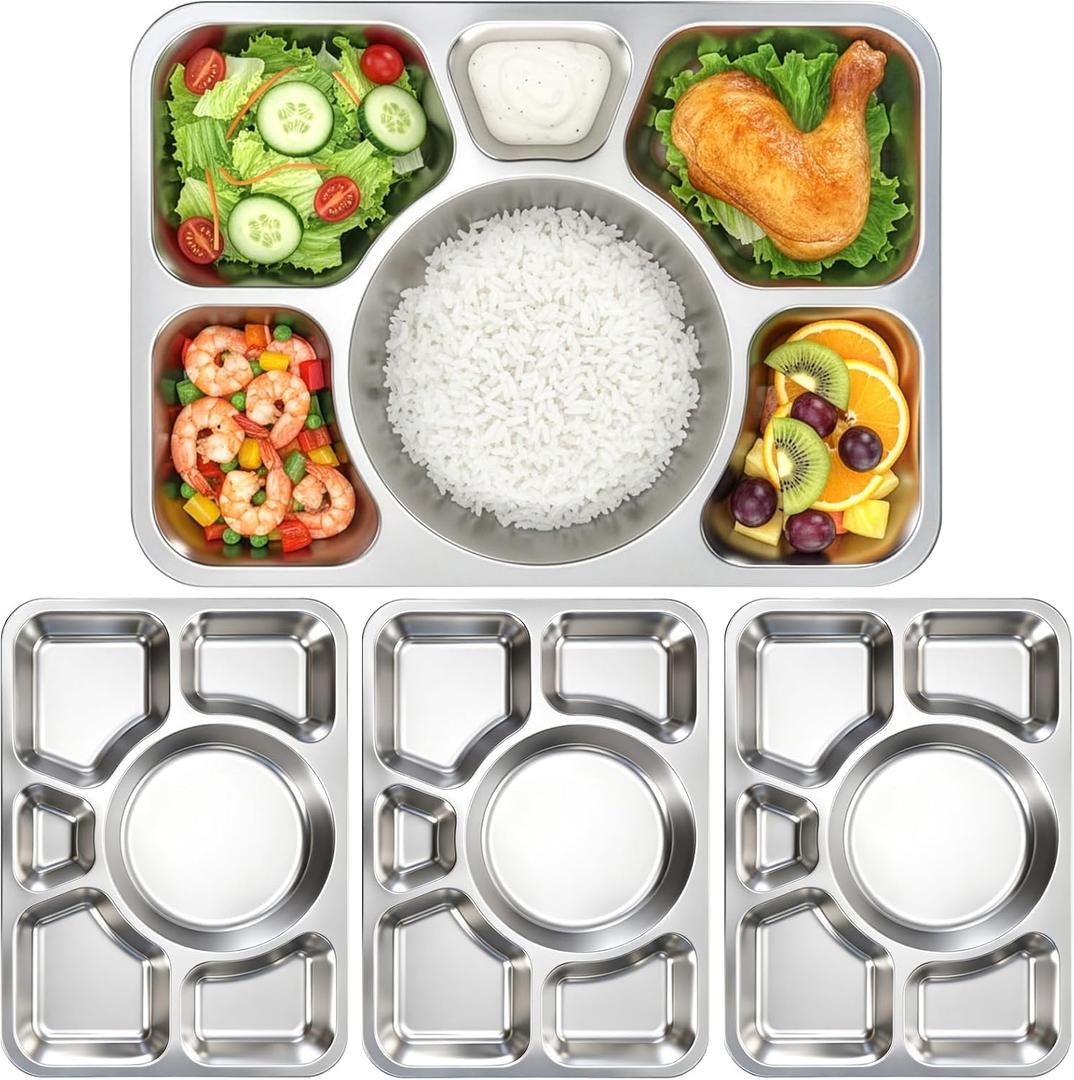 Hacaroa 4 Pack Stainless Steel Divided Dinner Plates, 15x10.6 Inches Large Snack Serving Plate with 6 Compartment, Metal Food Trays for Adults, Diet Food Portion Control, Picky Eaters