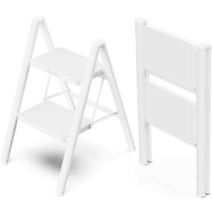 WOA WOA 2 Step Ladder, Folding Step Stool with Broad Pedals, Compact Stepping Stool, Sturdy Steel Ladders for Home with Anti-Slip Feet, Supports up to 330 lbs - White