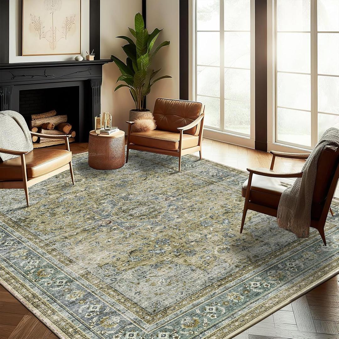 Washable Area Rug 9'x12' Boho Design Non-Shedding Easy Care Ideal for High Traffic Areas in Living Room Bedroom Office Coffee Table Kitchen Large Carpet (Aged Floral Green)