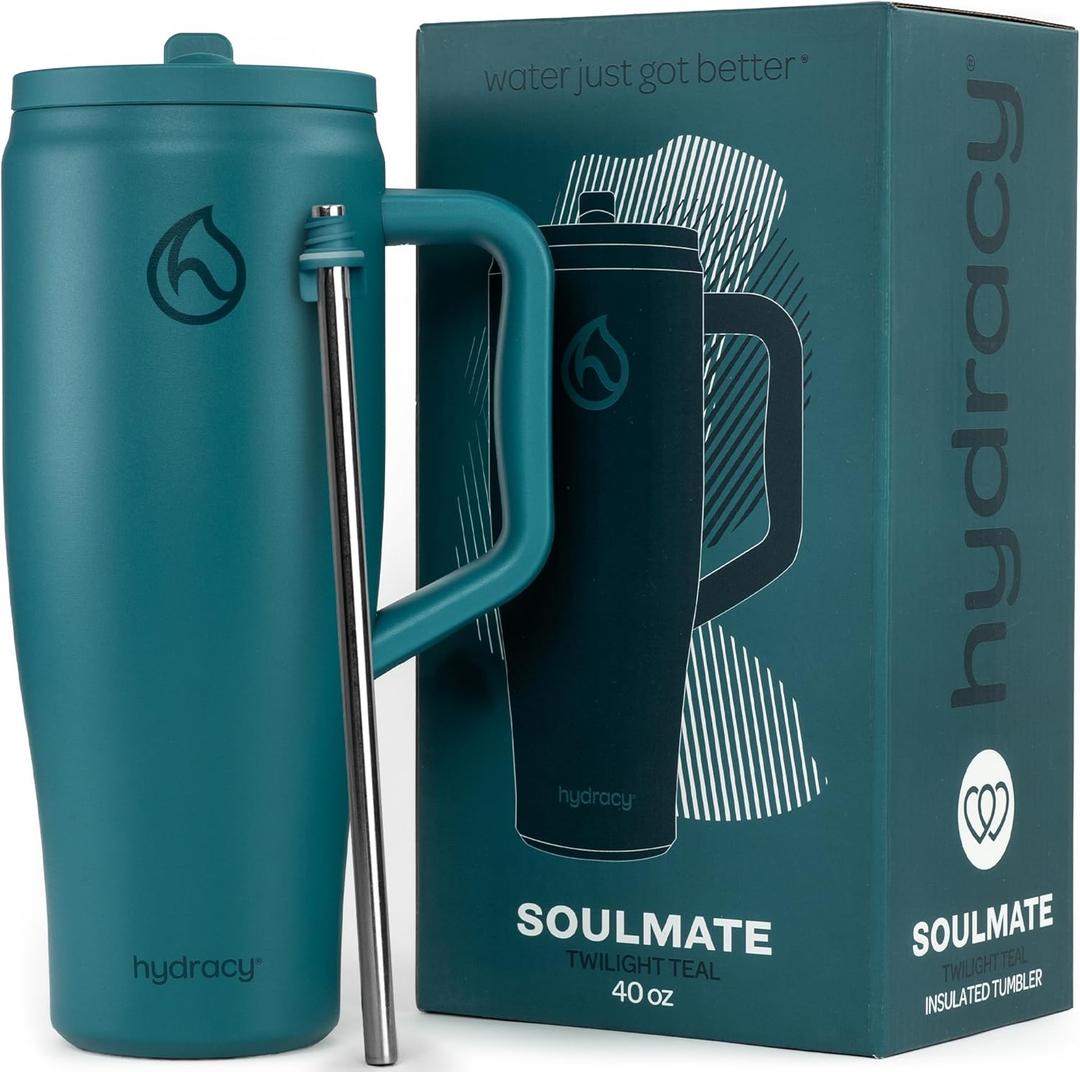 Hydracy Soulmate Insulated Tumblers with Handle and Stainless Steel Straw - 100% Leakproof Reusable Insulated Cup - Cupholder Friendly Rubber Base Travel Mug - Twilight Teal