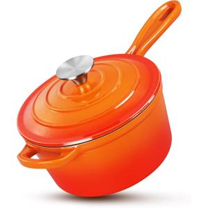 HaSteeL 1 QT Cast Iron Saucepan, Mini Enamel dutch oven with lid, Small Non Stick Pan for Milk, Pasta Tomato Sauce, Butter, Breakfast, Soup, Suitable for Boiling Stewing Frying, Easy to Clean, Orange