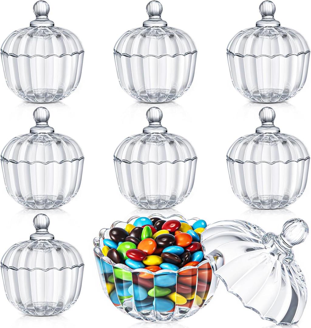 Tanlade 8 Pcs Glass Pumpkin Jar with Lids Crystal Candy Dish Clear Apothecary Jar Covered Candy Bowl Cute Jewelry Cookie Snack Box for Home Party Wedding Office Desk(Clear,Pumpkin)