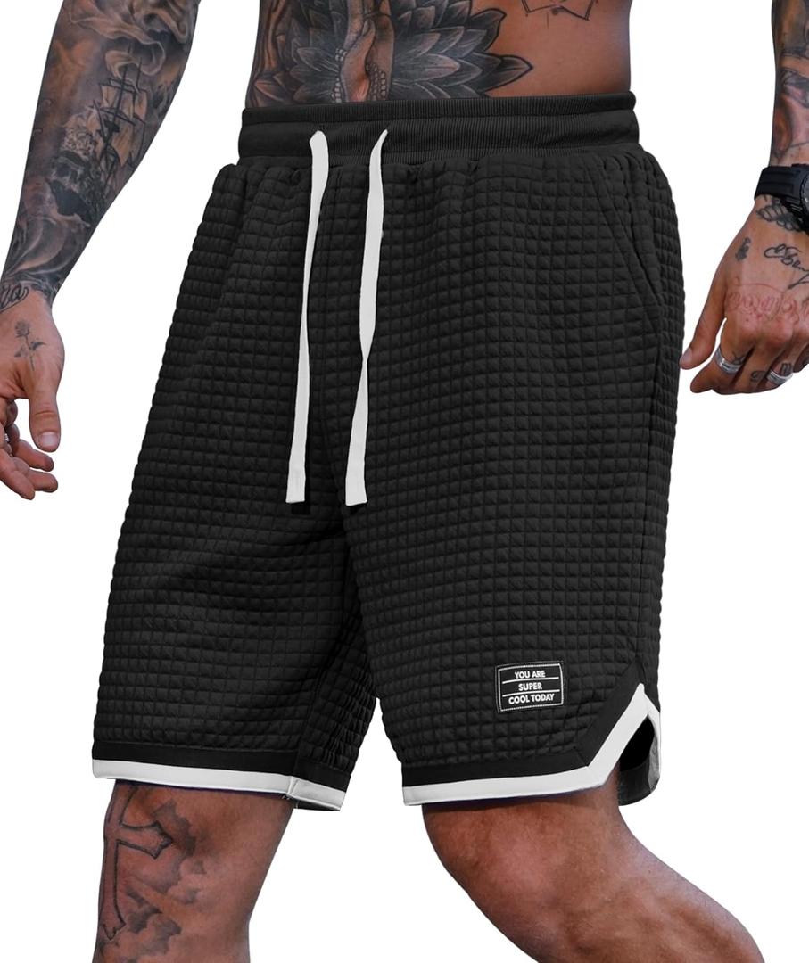 VOGSTART Mens Waffle Sweat Shorts Basketball Athletic Casual Midweight 8'' Inseam Shorts with Pockets (S-XXL) (Black, L)