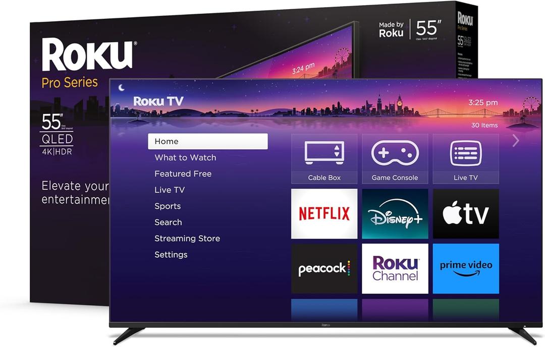 Roku Smart TV  55-Inch Pro Series 4K QLED RokuTV with Backlit Roku Voice Remote Pro, Dolby Vision IQ, 120Hz Refresh Rate  Live Local News, Sports, Gaming