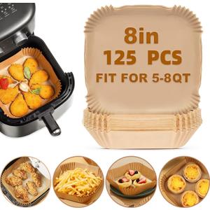 125 Pcs Air Fryer Liners, 8 Inch Square Non-Stick Parchment Paper, Disposable, Oil-Proof, Waterproof, Unbleached, Perfect for Baking, Roasting, and Frying (8IN-Square)