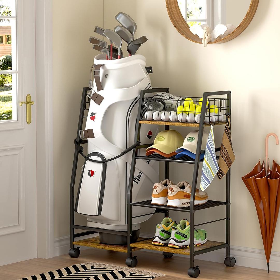 Golf Bag Garage Storage Rack with Wheels, Organizer for Single Golf Bag and Equipment Accessories, Ideal for Home, Garage, Club, Shed, Basement - Sturdy Wood and Metal Construction (Black)