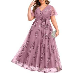 Pinup Fashion Plus Size Formal Dresses - Wedding Guest Evening Gowns Sequin Embroidery V-Neck Maxi Dress (Gray Pink, 16 Plus)