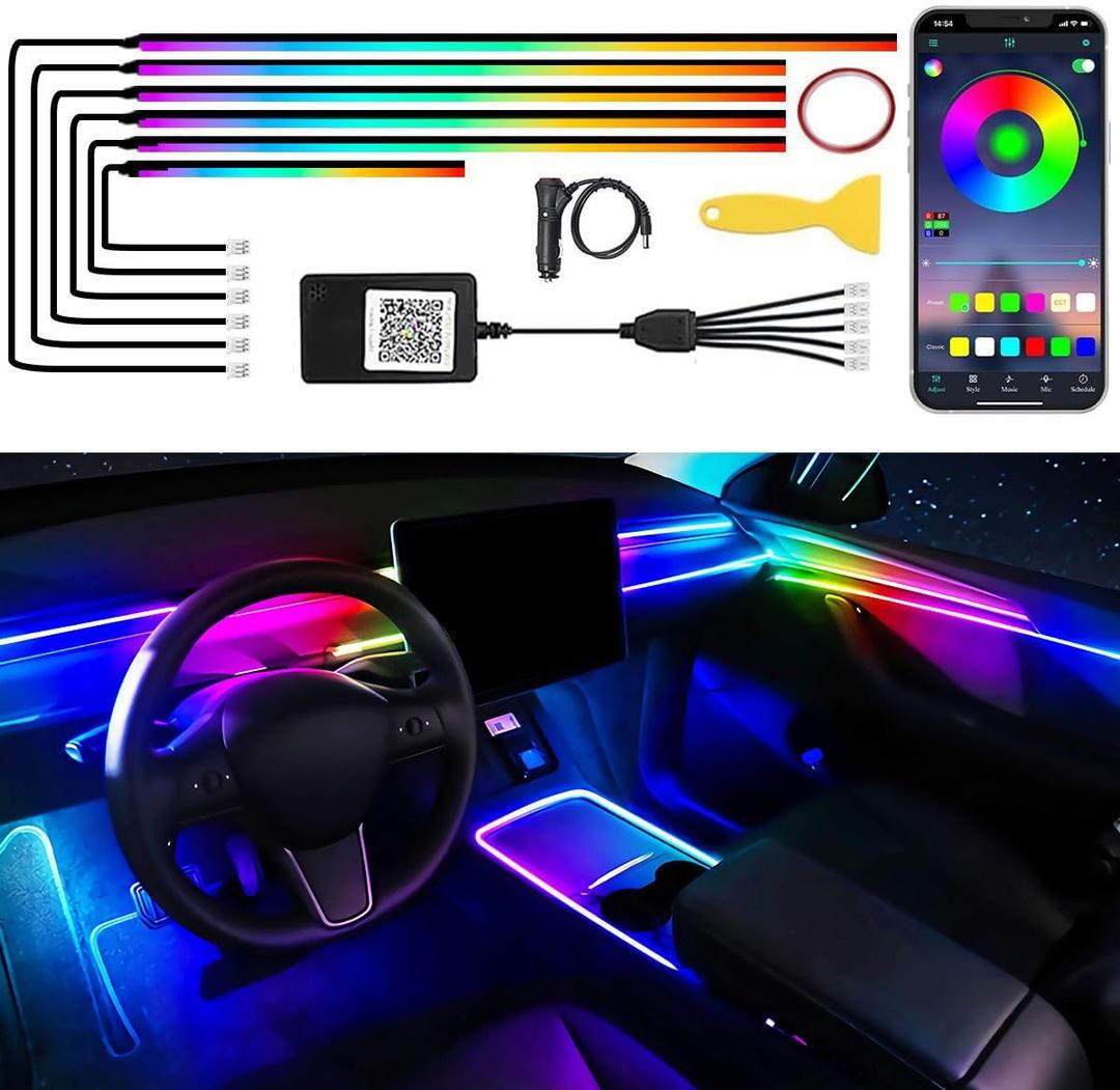 Acrylic Car LED Interior Strip Lights, 6 in 1 Dreamcolor Ambient Lighting Kit with Wireless APP, Luxury EL Wire Trim 16 Million Colors Neon Strip for Car Inside Decoration(No Remote)