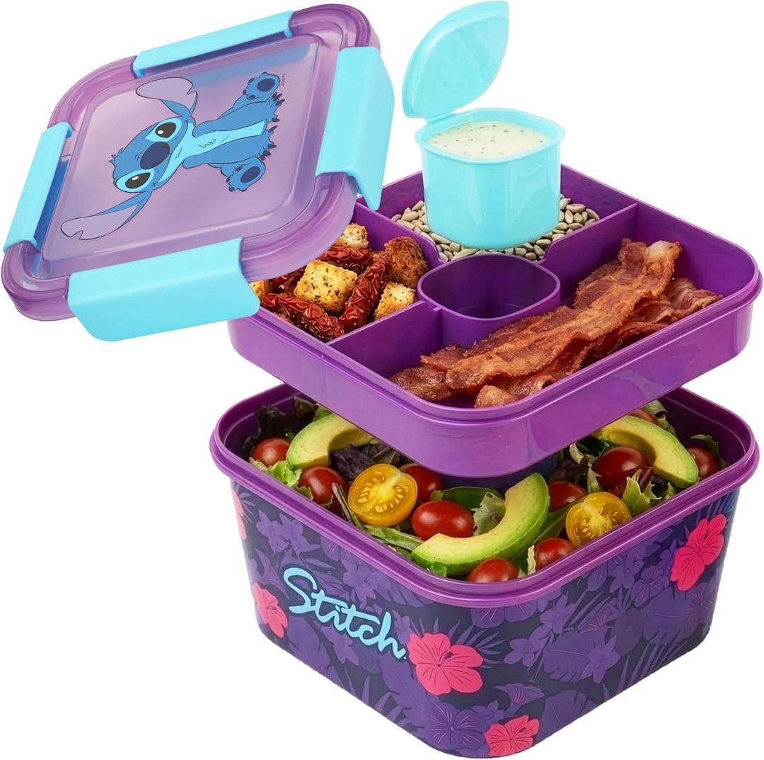 Disney Stitch Salad Container Bento Box for Kids, 70 Oz Portable Lunch Box, Leak Proof, BPA Free Multi Compartment Salad Bowl with Dressing Pot, Food Storage, Gifts For Girls (Multi Stitch)