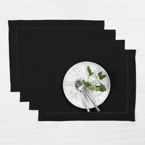 Solino Home Linen Placemats Set of 4 - Classic Hemstitch Black Placemats 14 x 19 Inch - 100% Pure Linen Table Mats for Spring, 4th of July, Memorial Day, Father's Day, Summer