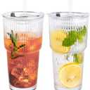 2PCS 20oz Glass Cups with Lids and Straws, Iced Coffee Cups with Lids, Stylish Ribbed Thick Drinking Glasses Tumbler for Juice, Smoothies, Cold Beverages, Cute Cup Gifts with Clean Brush
