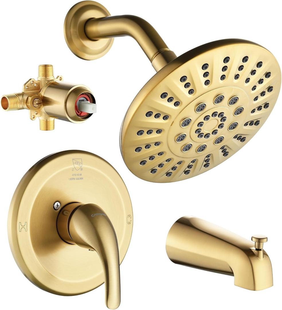 Shower Tub Faucet Sets Complete with Diverter, 5 Spray Settings, 6-Inch Bathtub Waterfall Handle Combo, 2.5 GPM High-Pressure Rain Shower Head System, Brushed Gold