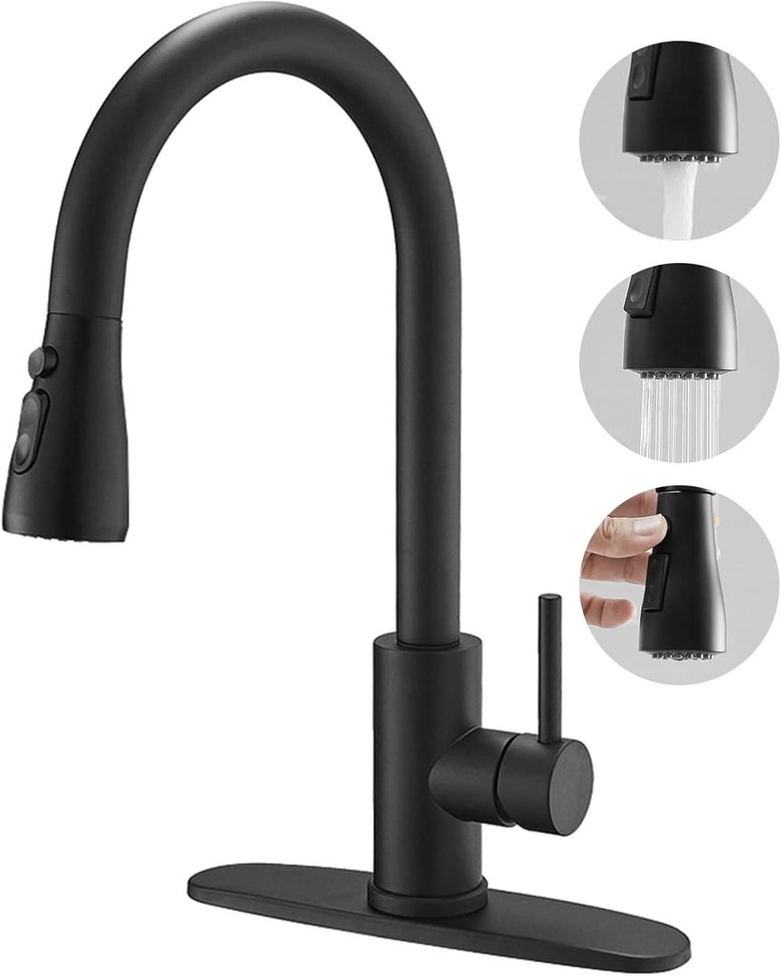 BESy Brass Single Handle Kitchen Faucet with Pull Down Sprayer,Rv High-Arc Kitchen Sink Faucet with Pull Out Sprayer,Single Lever 3 Function Laundry Room Faucet,Matte Black (1 or 3 Hole)