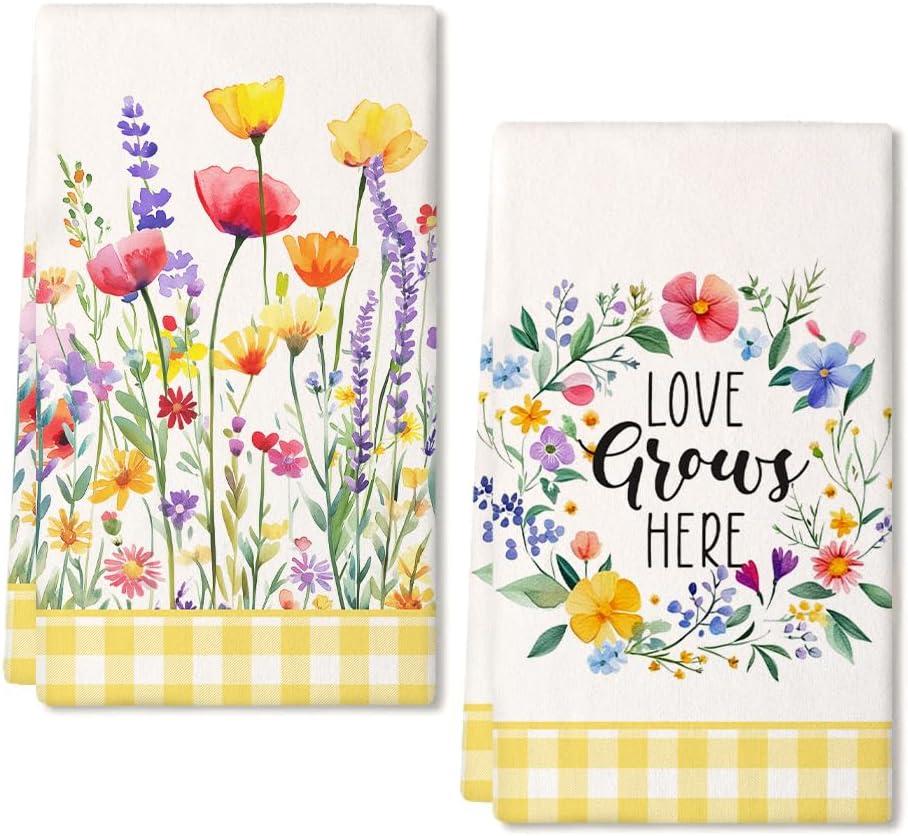 Floral Wreath Spring Kitchen Towels Set of 2,Pink Flower Dish Hand Towels Farmhouse Indoor Outdoor Holiday Seasonal Decorations DD097