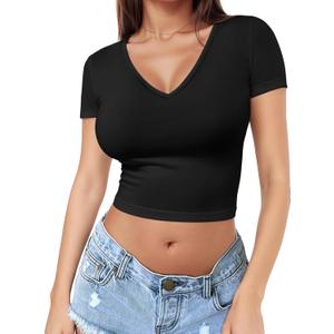 Short Sleeve V Neck Crop Top for Women Soft Workout Shirt Going Out Tops Sexy Slim Fitted Casual Base Layer Lightweight (Small, Black)