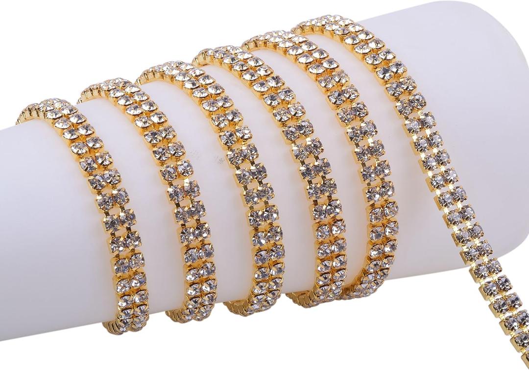 KAOYOO 2 Rows 2 Yards Crystal Rhinestone Chain Trim for Sewing Craft,DIY Decoration,4.0mm/0.16" (Golden)