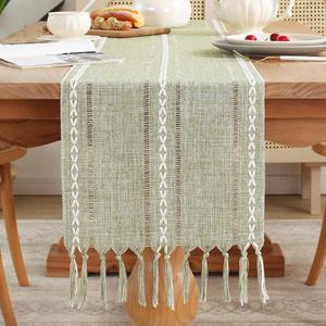 meioro Rustic Table Runner with Tassels, Farmhouse Boho Table Runners Braided Striped, Cotton Linen Table Decoration for Dining Party Holiday and Wedding, 86 Inches, Sage Green