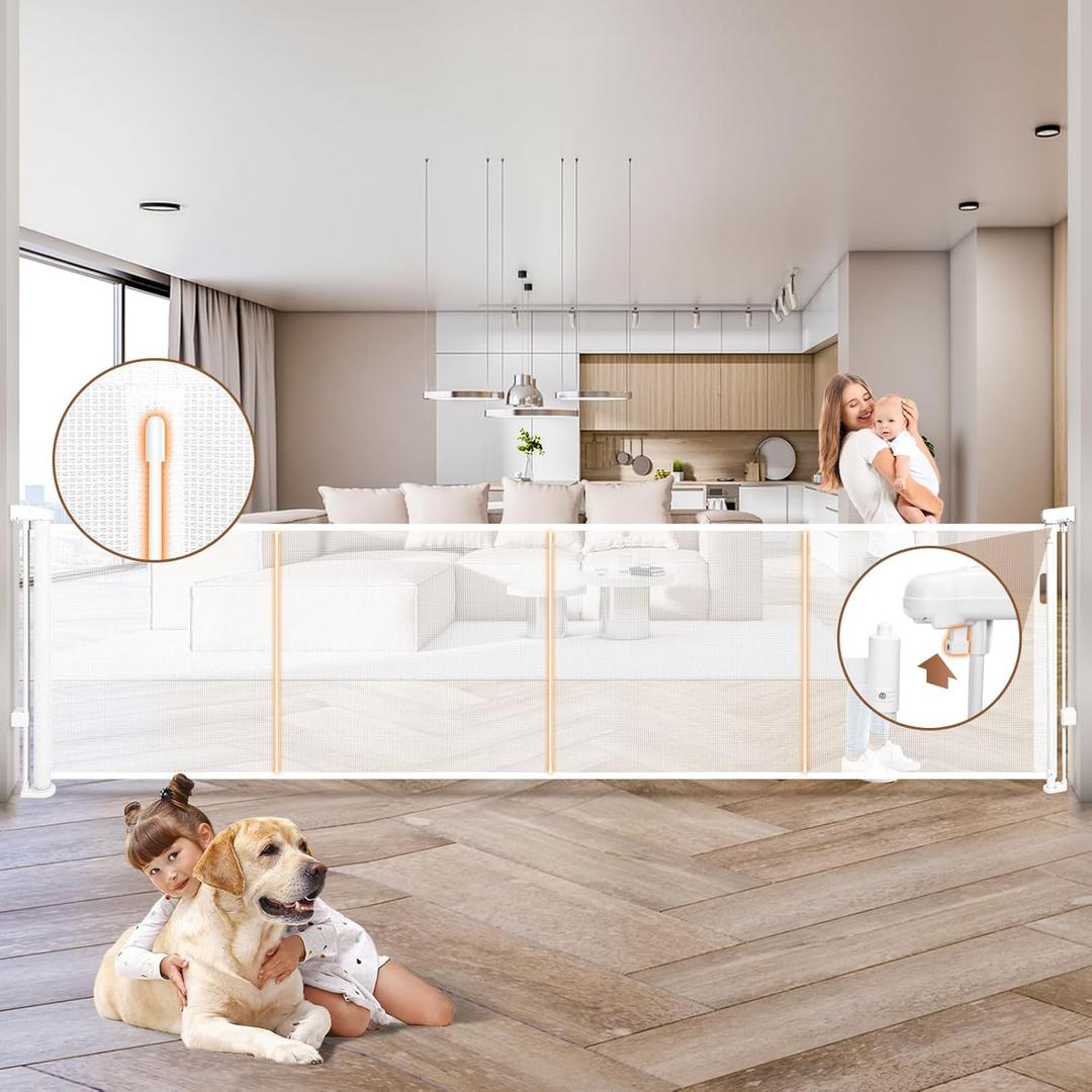 200.1" Retractable Baby Gate Extra Wide, 41" Tall Retractable Dog Gate for Stairs, Doorways, Decks, Mesh Gate Long Child Gate Pet Gate for Indoor, Outdoor, with Reinforced Mesh Rods, Dual Locks (White)