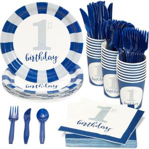 Juvale 144-Piece Baby First Birthday Decorations for Boy, 1st Birthday Theme Party Supplies with No 1. Plates, Napkins, 9oz Cups, and Cutlery, Nautical Blue Color (Serves 24)