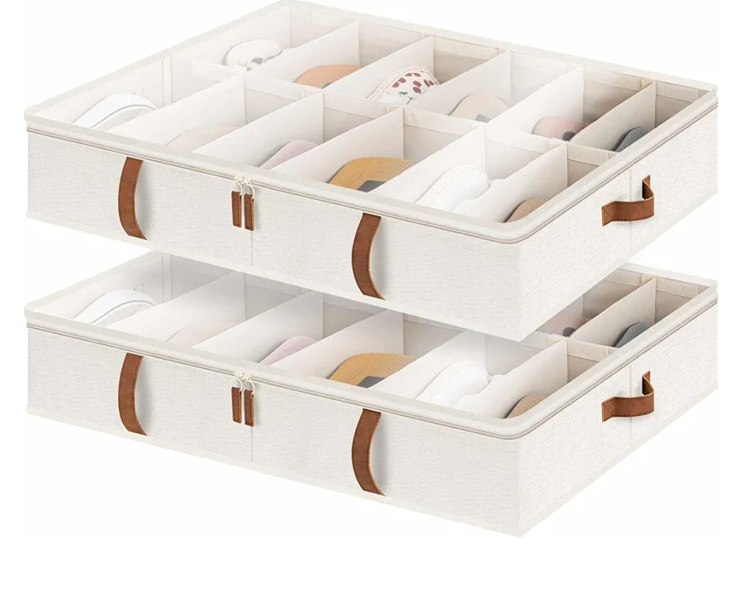StorageWorks Shoe Organizer for Closet, Fits up to 24 Pairs, 2-Pack Ultra-thick Fabric Under Bed Shoe Storage Containers with Bottom Support and Adjustable Dividers, Beige