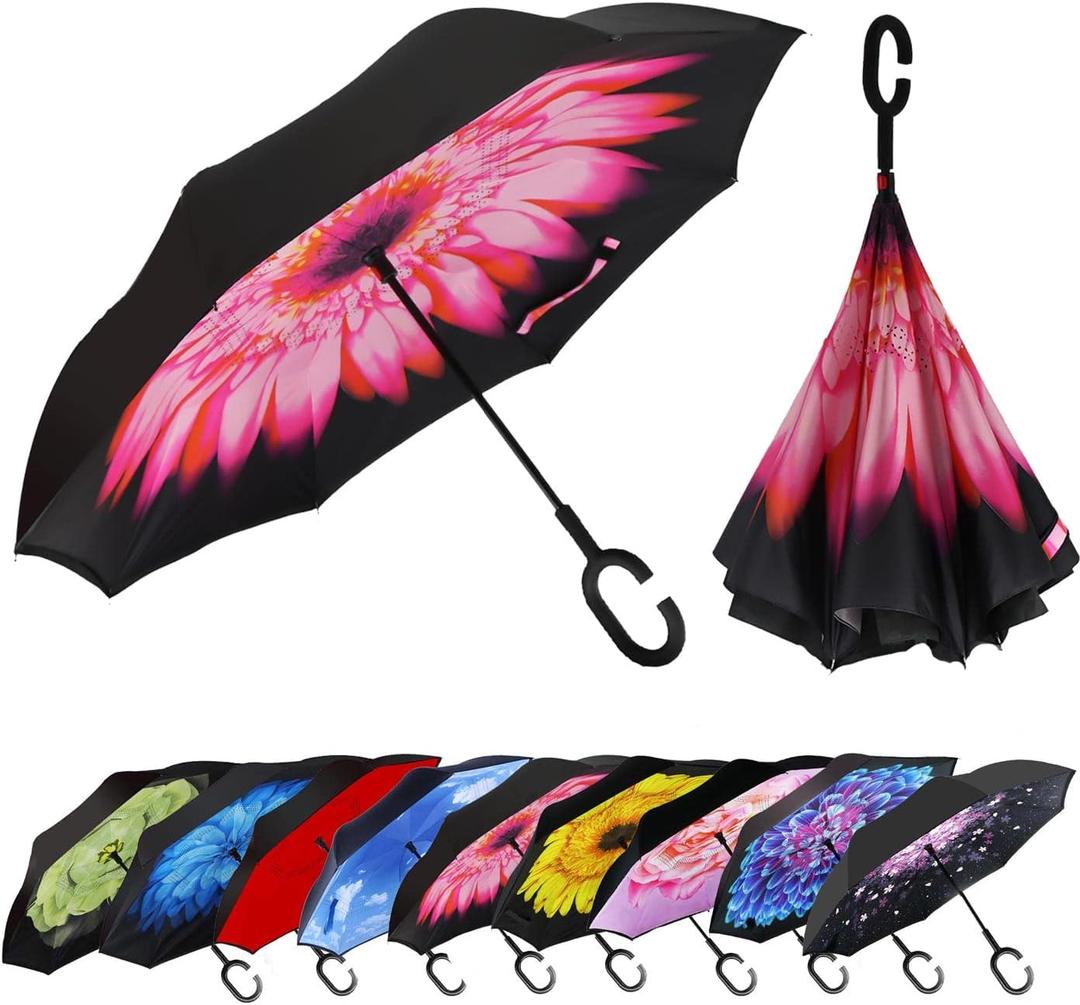 MRTLLOA 40/49/56 Inch Oversize Windproof Inverted Reverse Upside Down Umbrella, Golf Size Rain Umbrella, Double Layer, C-Shaped Handle for Men, Women and Kids
