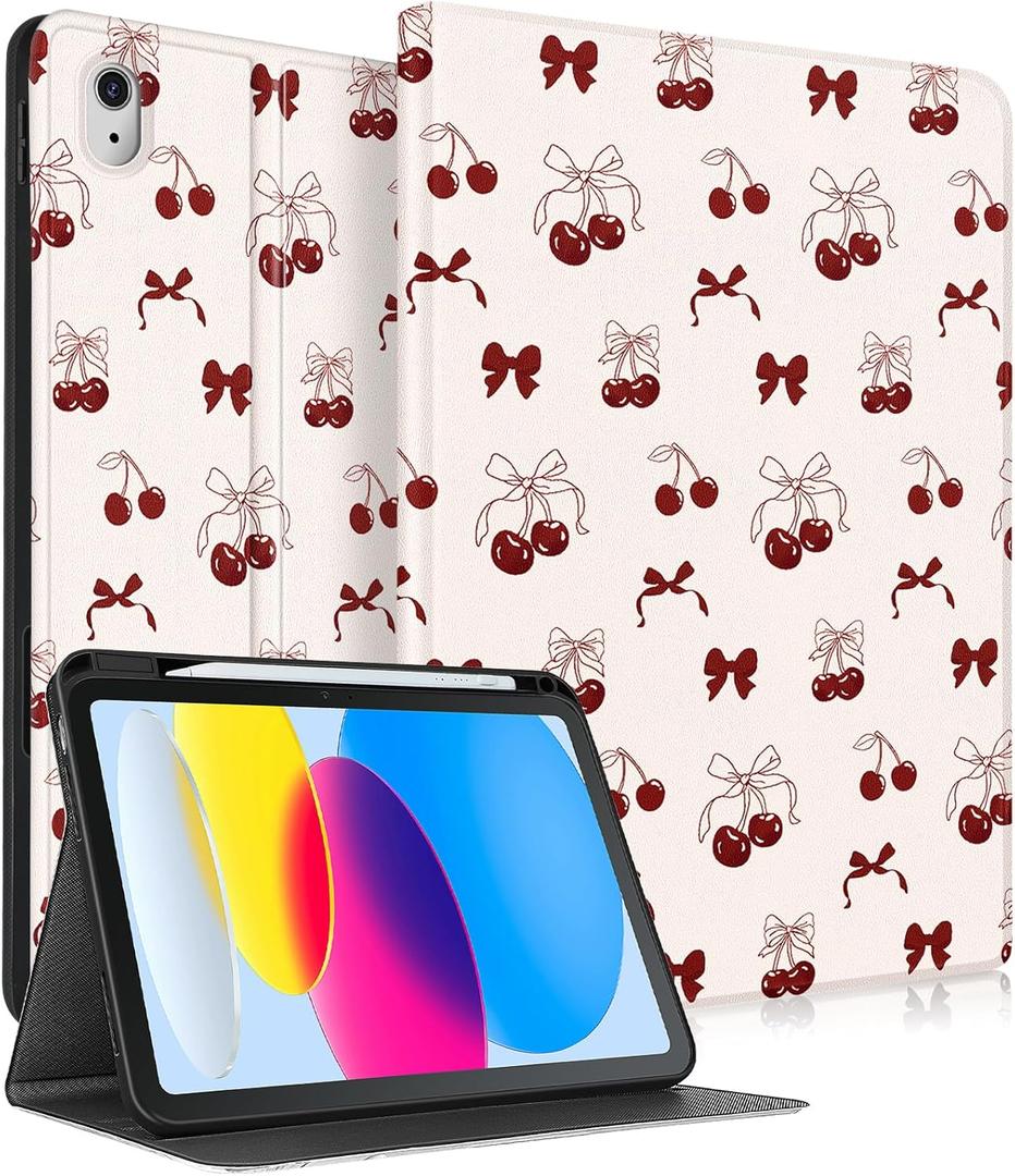 for iPad A16 Case (11th) 2025,for iPad 10th Generation 10.9 inch (2022) - Smart Folio Cover (Auto Wake/Sleep) with Build-in Pencil Holder for Apple Tablet Cover for Women Girls,Bow Cherry