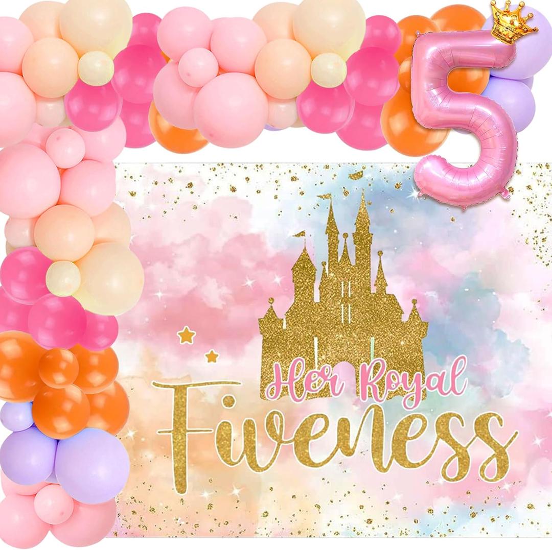 Her Royal Fiveness Birthday Decorations Pink Gold Princess Castles Balloon Garland Crown Number 5 Foil Balloons Banner for 5 Years Old Birthday Party Decor Supplies (Colour 2)