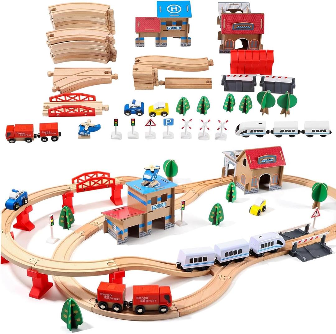 88 PCS Wooden Train Set  Toy Train with Tracks for Kids Ages 3-7, Ideal ElectricToy Train Set for Boys and Girls