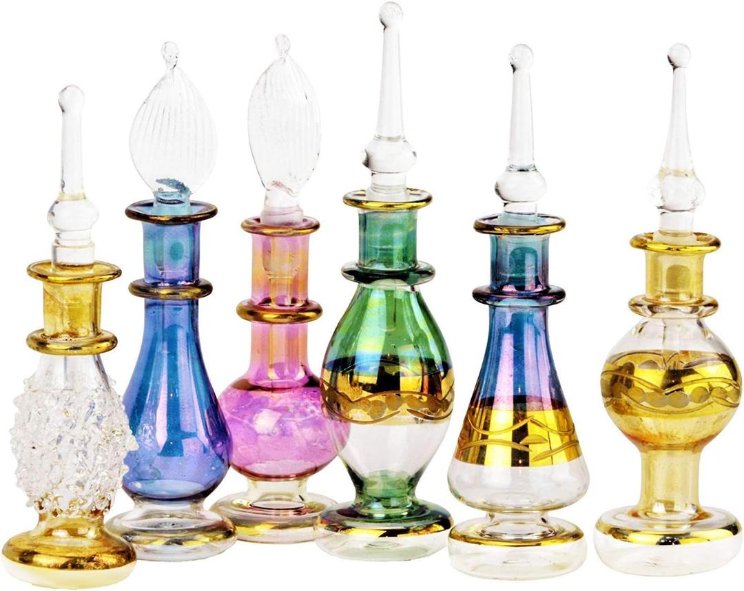 NileCart Egyptian Perfume Bottles 6 Pack Size 2 Hand Blown With Handmade Golden Egyptian Decoration For Perfumes Oil & Essential Oils.