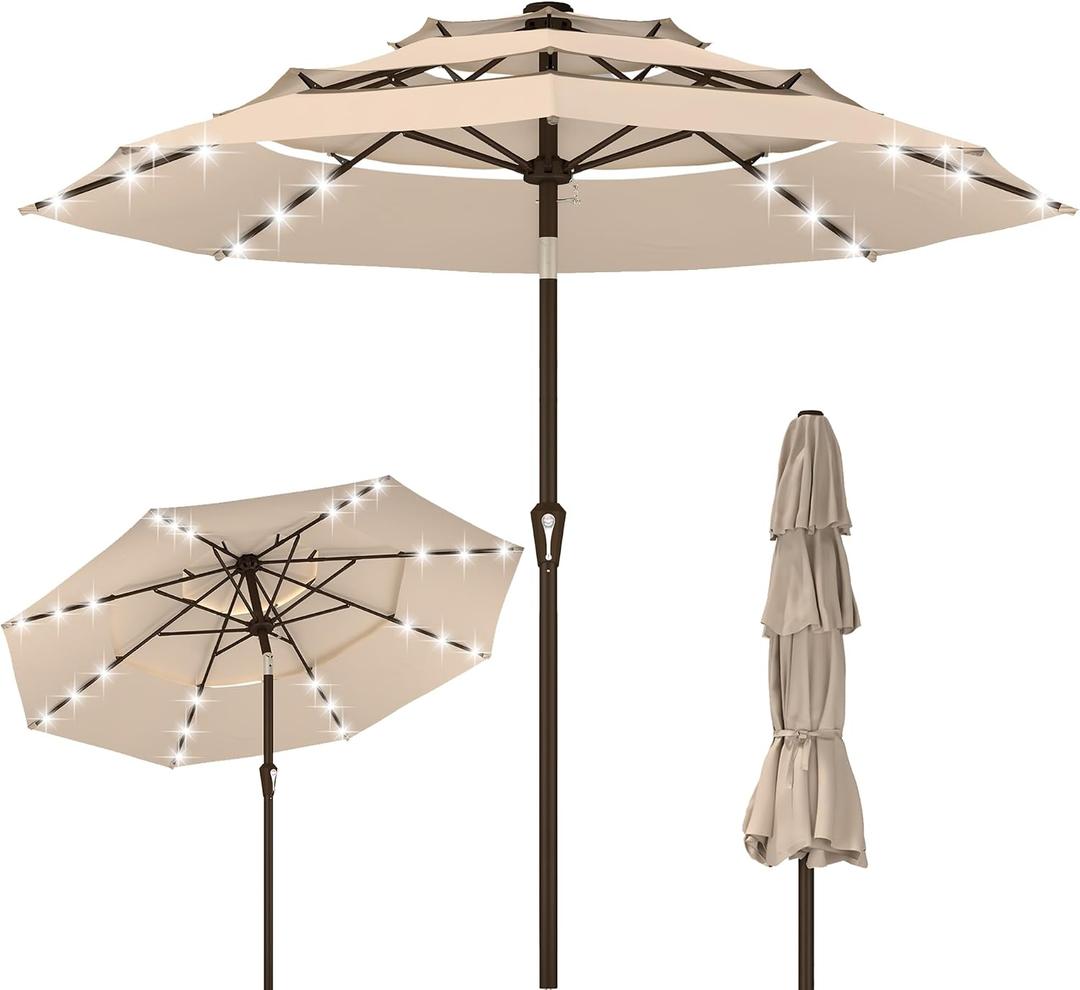Kingdura 9ft 3-Tier Patio Umbrella with Solar Lights, Table Umbrella Outdoor Patio with Easy Crank & Tilt, 8 Sturdy Ribs, UV Protection, 32 LED Lights for Deck, Poolside, Market (Beige)