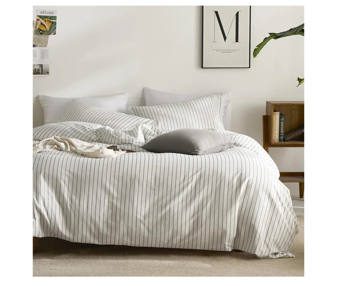 JELLYMONI Striped Duvet Cover Set - Twin Size 100% Cotton - 2PCS White & Grey Vertical Stripes Bedding - Hidden Zipper Closure & 8 Corner Ties - Breathable Comforter Cover for Bedroom