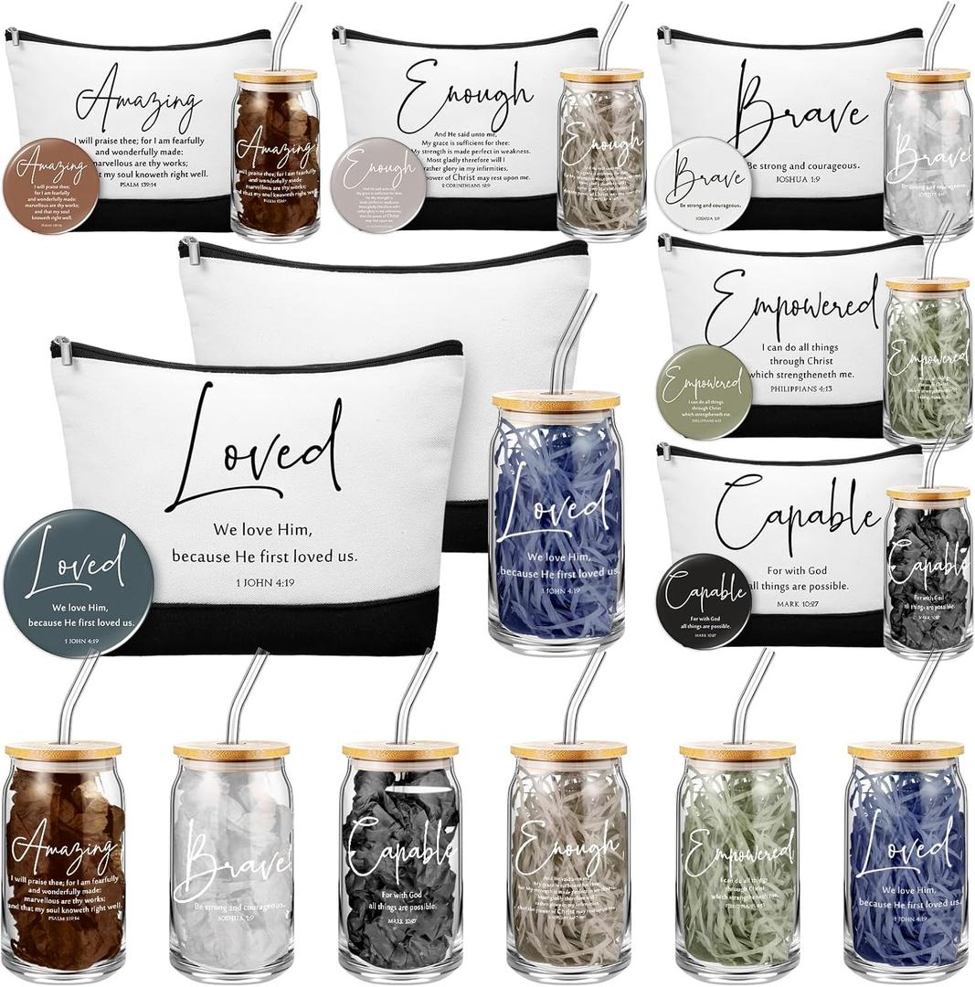 Fumete 6 Sets Christian Gift Sets for Women Mothers Day Church Gift Glass Cup Tumblers Lid Straw Makeup Bag Religious Mini Mirror Bulk for Sunday School Teacher(Bible Words,Black)