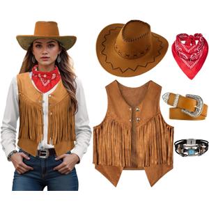 Women Cowgirl Costume Western Vest Hat Belt Set for Cowgirl Cowboy Halloween Cosplay (Medium, Brown)