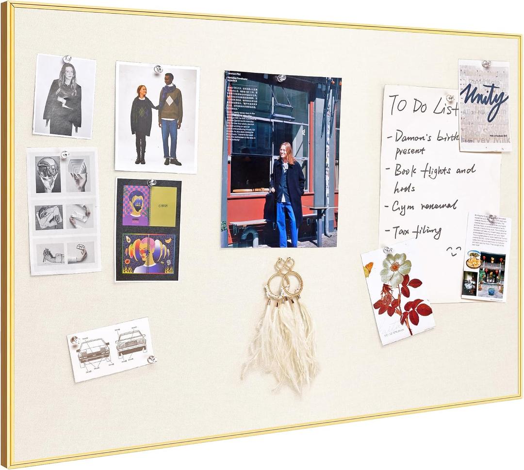 Lightomorrow Bulletin Board 30 x 20 inches, Oatmeal White Pin Board Vision Board, Golden Aluminum Framed Fabric Cork Board with 10 Push Pins