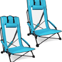 SPORT BEATS Low Beach Chairs Set of 2 Folding Beach Chairs High Back Support with Head Pillows Shoulder Straps