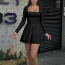 Kaximil Women's Square Neck Ruffle Hem Mini Dress Ruched Waist Long Sleeve Corset Short Party Dresses (Black, L)