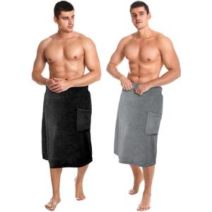 Tudomro 2 Pcs Men's Bath Wrap Towel Medium Shower Adjustable Terry Body Spa Towel with Pocket After Shower Wrap for Men Gift Spa College Bath Dorm Room Gym(Black, Gray), Size: Medium