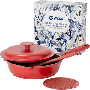 FDN 8" Titanium Non Stick Frying Pans With Lid, Ceramic Pans for Cooking, Non-Toxic PFAS-Free, Induction & Oven-Safe Cookware, Red For Daily Cooking, Red