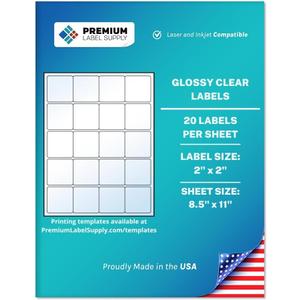Premium Label Supply Glossy Clear Sticker Square Labels  2" x 2"  Laser/Inkjet Compatible  (20 per Sheet), 10 Sheets  200 Total Adhesive Labels
