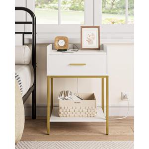 Masupu Nightstand with Charging Station,3-Tier Modern Bedside Night Stand with Storage Drawer and Shelf,Small End Side Table for Bedroom,Living Room,White