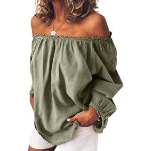 Womens Linen One Shoulder Top Stylish Cotton Long Sleeve Ruffle Balloon Sleeve Shirt for Casual Elegance (Large, Army Green)