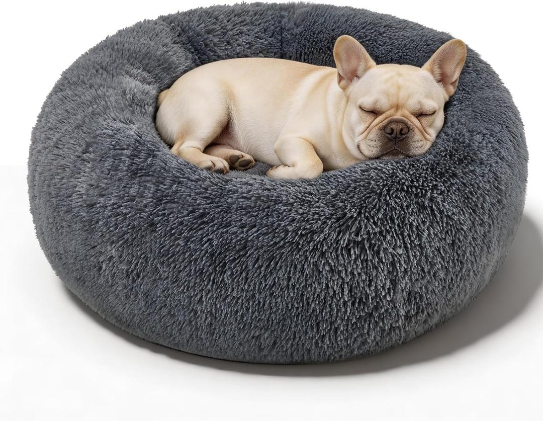 Dog Calming Beds for Small Medium Large Dogs - Round Donut Washable Puppy Dog Bed, Anti-Slip Faux Fur Fluffy Donut Cuddle Anxiety Cat Pet Bed(20" Dark Grey)