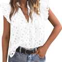 PRETTYGARDEN Women's Eyelet V Neck Summer Tops Dressy Casual White, Small